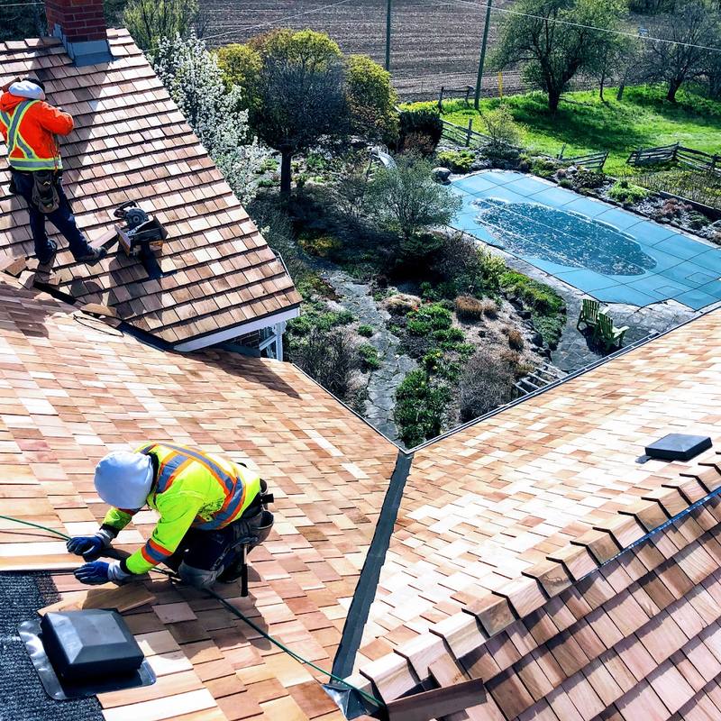 Two roofers in high-vis laying new cedar shakes course by course on a country home